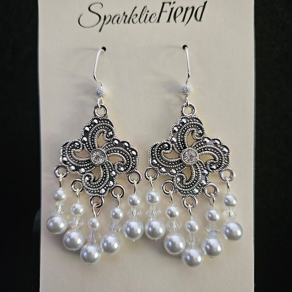 Antique silver quatrefoil, faux pearl & clear glass crystal chandelier earrings